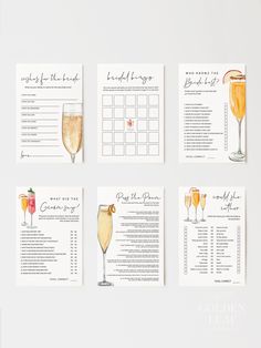 four cocktail menus with drinks on them