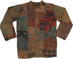 A unisex vintage-style stonewashed patchwork cotton fabric full sleeve shirt. This shirt is made from recycled fabric material, sewn into patches and dyed together to create a single rustic brown color tone. #tlb #Patchwork #Stonewash #Floral #Printed #bohemianfashion #Handmade #VacationShirt #HawaiiShirt #Bohemianpatchworkunisexshirt Women Tops Online, Shirt Patchwork, Full Sleeve Shirt, Linen Layers, Patchwork Shirt, Hippie Look, Hippie Shirt, Bohemian Handmade, Trendy Skirts