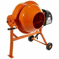 an orange cement mixer sitting on top of a metal stand next to a white background