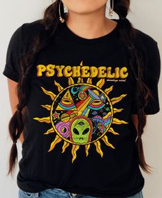 Get ready to trip out with our 'Psychedelic' Unisex Tee! This vintage-inspired shirt will transport you back to the good old days of psychedelic music and art. With its trippy design, this tee is perfect for anyone who loves a unique and playful style. . Psychedelic. 100% combed ringspun cotton· Light fabric· Premium fit· Runs bigger than usual· Original design Care Instructions: Machine wash cold. Do not bleach. Tumble dry low. Retro Festival T-shirt With Screen Print, Retro Letter Print Tops For Festival, Retro Relaxed Fit T-shirt For Festivals, Hippie Style Festival T-shirt With Screen Print, Hippie Style Screen Print T-shirt For Festival, Black Relaxed Fit T-shirt For Festivals, Retro Screen Print T-shirt For Festivals, Black Band Merch T-shirt For Festival, Hippie Crew Neck T-shirt For Music Festival