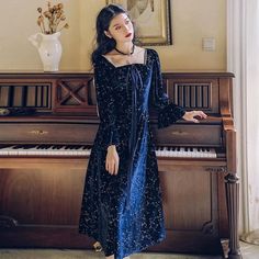 Cottagecore, Fairycore, Princesscore, Witchcore Dresses at Deer Doll Midnights Dress Aesthetic, Witch Robes Aesthetic, Star Dress Aesthetic, Velvet Dress Aesthetic, Blue Star Outfit, Witchcore Dress, Witch Dress Aesthetic, Spacecore Fashion, Dark Blue Dress Formal