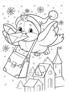 a cartoon bird flying over a town with snowflakes on it's roof