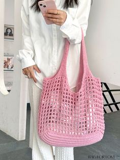 BagForLove - Pink Hollow Out Woven Crochet Bag: Spacious, Minimalist Design for Work and Travel Product Description Color Baby Pink Strap Type Double Handle Style Vacation Pattern Type Plain Bag Size Small Type Crochet Bags Closure Type No-closure Features High-capacity Material Fabric Composition 100% Polyester Size Chart INCH CM Bag Length Bag Width Bag Height Handle Height Strap Length 11.8 inch 0.8 inch 11.8 inch 7.1 inch 0 inch Bag Length Bag Width Bag Height Handle Height Strap Length 30 c Lightweight Crochet Bag For Shopping, Woven Crochet, Weave Shop, Work And Travel, Bags Tote, Crochet Bags, Work Travel, Color Rosa, Womens Tote Bags