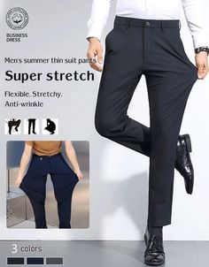 Slim Fit Business Trousers, Business Slim Fit Trousers, Formal Straight Leg Non-stretch Dress Pants, Stretch Straight Pants For Business Casual, Fitted Ankle-length Business Bottoms, Elegant High-waisted Stretch Pants, Elegant High-waisted 4-way Stretch Pants, Stretch Business Casual Work Trousers, Stretch Work Trousers For Business Casual