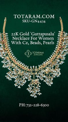 Free shipping in USA Available by special order SKU 235-GN4434 22 Karat BIS Hallmark 916 KDM Gold Hand Made in India Handsewn pearls South Indian Traditional Bridal necklace Unique Bridal Guttapusalu Necklaces Gutta Pusalu haram is a famous South Indian traditional necklace with heavy bunches of beautifully adorned small pearls, clustered along an antique gold chain. Gutta in Telugu means "a shoal of small fish", and Pusalu means "beads". Gutta Pusalu Haram, Indian Traditional Necklace, Guttapusalu Necklace, 22k Gold Chain, Gutta Pusalu, Japanese Pearls, Traditional Necklace, Small Fish, Color Stones