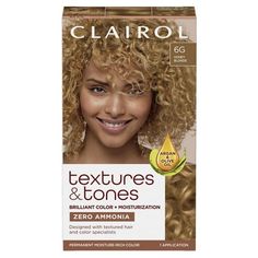 Clairol Textures & Tones Hair Dye Ammonia-Free Permanent Hair Color, 6G Honey Blonde BRILLIANT COLOR + MOISTURIZED HAIR. With Zero Ammonia, Argan and Olive oil, Textures & Tones gives you moisture-rich color that is key for maintaining curl definition and shine. Our Intensive Moisturizing Mask helps detangle and strenghten hair, for instant softness. Designed with textured hair and color specialists to create a system optimized to pamper textured hair types- natural or relaxed. Size: 1 Applicati Honey Blonde Hair Dye, Chocolate Blonde Hair Color, Clairol Hair Color, Chocolate Blonde, Curl Definition, Dyed Blonde Hair, Natural Protein, Honey Blonde Hair