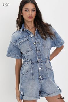 When you need to get dressed in a flash, the Free People Marci Cuffed Shortall Button-Front Light Wash Denim Romper will always have you looking instantly put together! Sturdy acid-washed cotton denim (in Free People's Marrakesh wash) shapes this totally trendy shortall romper that features a collared neckline and short sleeves. The bodice boasts twin flap pockets (with snap closures) and a full button placket that continues through the elasticized waist. Attached shorts have a relaxed fit, fron Jean Romper Outfit, Jeans Romper, Romper Outfits, Utility Romper, Denim Overalls Shorts, Lulu Fashion, Romper Outfit, Denim Romper, Women Outfit