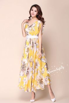 Chiffon V Neck Yellow Flower Long Party Dress Evening Wedding Lightweight Sundress Summer Holiday Beach Dress Bridesmaid Dress Maxi Skirt MD05 Detail Info: ❤ Color: Yellow flower as picture, flower N. More color choice link: https://www.etsy.com/listing/213656440/chiffon-dress-color-card?ref=shop_home_feat_1 Please just note the color number you want with order. ❤ Material: Chiffon ❤ The dress doesn't limit the chest size and waitst size, arm hole 45cm (if your upper arm circle circumference is Spring A-line Chiffon Dress For Wedding Guest, Spring Wedding Guest A-line Chiffon Dress, Spring Wedding A-line Chiffon Dress, Yellow Chiffon V-neck Maxi Dress, Floor-length Floral Print Chiffon Wedding Dress, Floor-length Floral Chiffon Wedding Dress, Summer Chiffon Dress For Beach Wedding, Spring Sleeveless Chiffon Dress For Wedding Guest, Yellow V-neck Chiffon Dress For The Beach