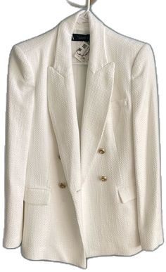 Elegant White Tweed Jacket For Formal Events, Elegant White Tweed Jacket For Formal Occasions, Formal White Tweed Jacket For Winter, White Tweed Jacket For Winter Formal Occasions, Luxury White Tweed Jacket, White Tweed Jacket For Formal Winter Occasions, Elegant White Tweed Jacket For Fall, White Tailored Tweed Blazer, White Tailored Tweed Jacket For Office