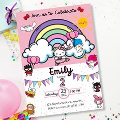 a hello kitty birthday party with balloons and confetti