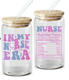 two glass jars with straw lids and labels for nurse's nursing care products on them