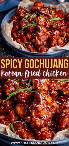 spicy gochujuangi korean fried chicken in a bowl with text overlay