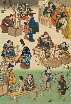 an old japanese painting shows people dressed in traditional clothing