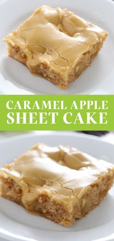 caramel apple sheet cake on a white plate with text overlay that reads, caramel apple sheet cake