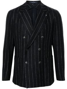 navy blue alpaca wool-blend pinstripe pattern peak lapels brooch detail long sleeves buttoned-cuff sleeves chest welt pocket two side patch pockets English rear vents multiple internal slip pockets double-breasted button fastening Elegant Pinstripe Double Breasted Long Sleeve Suit, Elegant Striped Outerwear With Welt Pockets, Pinstripe Double Breasted Suit With Long Sleeves, Elegant Double-breasted Pinstripe Blazer, Elegant Pinstripe Double-breasted Blazer, Formal Striped Double-breasted Blazer, Elegant Pinstripe Double Breasted Suit, Elegant Pinstripe Double Breasted Suit With Double Button Closure, Luxury Pinstripe Outerwear With Notch Lapel