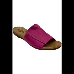 "New - The Item Is Brand-New, Unused, And Unworn. The Item May Or May Not Have The Original Tags And/Or Original Packaging. Style: Aurelia Slide Design, Rounded Toe Cushioned Footbed, Rubber Outsole Approximately 3/8"H Heel Fit: True To Size Leather Upper/Lining; Man-Made Balance" Purple Leather Slip-on Sandals, Purple Flat Leather Sandals, Chic Pink Sandals With Leather Sole, Pink Leather Sandals With Leather Footbed, Pink Leather Sandals With Flat Heel, Pink Leather Flat Heel Sandals, Wide Width Heels, Miz Mooz Shoes, Black Gladiator Sandals