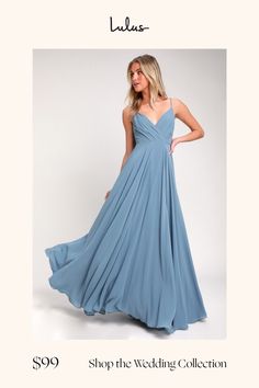 a woman in a long blue dress with the words shop the wedding collection on it