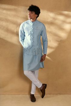 Aqua blue bandi featuring floral sequin hand work with embellished button. Paired with a kurta and pant. - Aza Fashions Men Sherwani, Nehru Jackets, Hand Work, Kurta Set, Pastel Blue, Mandarin Collar, Aza Fashion, Full Sleeve, Pure Silk