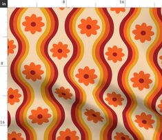 an orange and yellow flower pattern with wavy lines on the bottom, in front of a white background