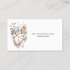 a business card with an illustration of a heart and flowers on the front, which reads dr madison gray cardiollogist