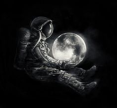 an astronaut sitting on the ground holding a full moon in his hand, while looking at it