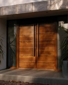 two wooden doors in front of a white house with palm trees and potted plants