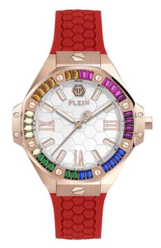 Plein Lady Royal Womens Watch 39MM IP Rose Gold Case Silver Guilloché Dial Silicone Strap Luxury Multicolor Watches With Diamond Hour Markers, Luxury Pink Watch Bands, Luxury Multicolor Watches For Gifts, Luxury Multicolor Watches For Gift, Luxury Multicolor Watches As Gift, Multicolor Formal Watch With Diamond Hour Markers, Multicolor Watches With Diamond Hour Markers And Round Dial, Multicolor Watch With Diamond Hour Markers, Multicolor Watches With Diamond Hour Markers