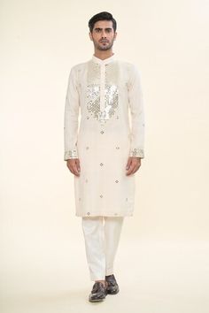 Ivory textured kurta with mirror embroidery. - Aza Fashions Jayanti Reddy, Anushree Reddy, Kurta Patterns, Mirror Embroidery, Kurta Men, Diana Penty, Rohit Bal, Tarun Tahiliani, Luxury Sale