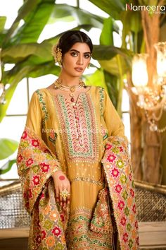 Wedding Salwar Kameez  2021 Gold Jamawar Sharara With Dabka Work, Gold Anarkali Lawn Suit With Intricate Embroidery, Wedding Dupatta With Dabka Work In Jamawar, Unstitched Shantoon Lehenga With Dabka Work, Gold Lawn Suit With Intricate Embroidery, Traditional Gold Lawn Suit With Dupatta, Wedding Dupatta In Dola Silk With Dabka Details, Wedding Dabka Dola Silk Dupatta, Gold Raw Silk Lawn Suit With Dabka Work