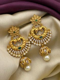 Matte Gold Finish traditional Indian Earrings jewelry Golden Jhumka, Emerald Green Stone, Traditional Indian Jewellery, Chandbali Earrings, White Stones, Floral Studs, Bollywood Style, Peacock Design, Cz Jewelry