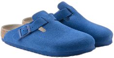 Modern Clogs With Textured Footbed And Round Toe, Blue Boston Clogs, Blue Leather Casual Clogs, Blue Suede Clogs With Round Toe, Casual Blue Leather Clogs, Comfortable Blue Leather Clogs, Ultra Blue Birkenstock Boston, Birkenstock Clogs Navy, Birkenstock Boston Suede Leather