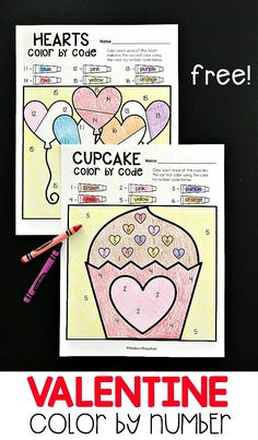 valentine's day cupcake color by number worksheet for kids