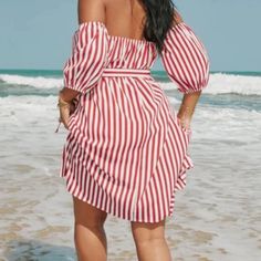 Super Cute Red & White Stripe Off The Shoulder Mini Sundress With Elasticized Pleated Bust. Made Of 80% Cotton 20% Polyester New Without Tags. Size Large The Beach Pic Is An Example Of This Style Of Dress But It Is Not The Exact Same One. Questions? Leave A Comment Below! Striped Knee-length Mini Dress For The Beach, Red Off-shoulder Mini Dress For Beach, Red Off-shoulder Mini Dress For The Beach, Red Knee-length Mini Dress For Beach, Red Knee-length Mini Dress For Vacation, Beach Striped Midi Length Mini Dress, Striped Midi Length Mini Dress For Beach, Beach Midi Length Striped Mini Dress, Red Knee-length Beach Dress