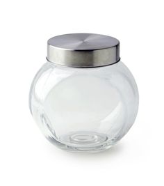 an empty glass jar with a metal lid