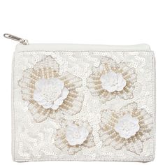 White and beige floral seed beaded coin pouch  Measurements:    5 inches length by 4 1/2 inches deep Zipper closure Perfect for running errands or keep in a larger tote bag Only the front of the coin purse is beaded, back of the coin purse is white cotton I fully guarantee all of my items. If you have any problems contact me and I will take care of your concerns. Please contact me with any questions. I am always glad to help. Basic Flower, Bridal Bags, Beaded Coin Purse, Bridal Bag, Purse Gift, Boho Bags, Cash Flow, Coin Pouch, Purse Pouch