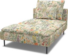 an upholstered chaise lounge is shown with floral print on the back and sides