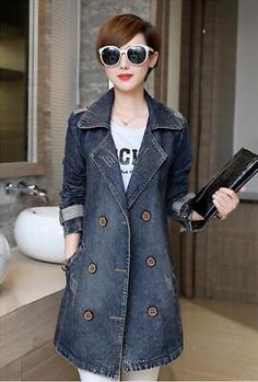 Women Double-breasted Lapel Jeans Jacket Oversize Denim Loose Causal Trench Coat | eBay Long Sleeve Jean Jacket, Long Denim Jacket, Sheer Swimsuit, Denim Trench Coat, Ladies Denim, Ladies Jeans, Coat For Women, Swimsuit Design, Jean Jacket Women