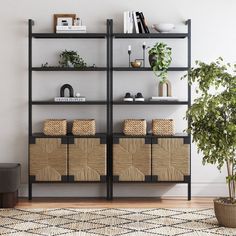 a shelf with baskets and books on it next to a potted plant in a living room