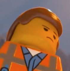 the lego man is wearing an orange vest and tie with his head tilted to the side