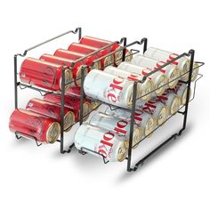 six cans of coca - cola are stacked in a metal rack with wheels on each side