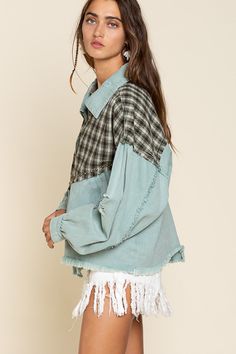 -Color: Dusty Aqua Multi -Denim jacket with plaid design -Distressed detail throughout -Dropped shoulders -Slouchy, relaxed fit -Zip-front closure -Content: 100% Cotton -Hand wash cold -Imported -Model is wearing size Small Plaid Design, Denim Jacket, Hand Wash, Relaxed Fit, Plaid, How To Wear, Color, Design