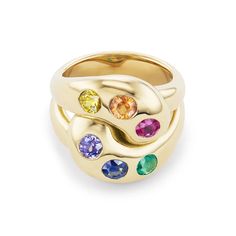 Knot Ring with Rainbow Rounds – Brent Neale Brent Neale, Knot Ring, Top To Bottom, Knot, Emerald, Sapphire, Yellow Gold, Rainbow, Ring