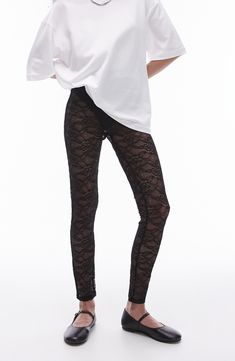 Add some throwback style to any look with these sheer floral-lace leggings cut to an ankle length. 29" inseam; 10" leg opening; 12" front rise; 14 1/2" back rise (size Medium) Elastic waist 90% polyamide, 10% elastane Machine wash, line dry Imported Sheer Stretch Bottoms For Fall, Sheer Lace Stretch Tights, Spring Lace Stretch Legwear, Spring Lace Stretch Tights, Lace Tights With Lace Trim, Spring Lace Legwear With Stretch, Spring Stretch Lace Legwear, Stretch Lace Tights For Night Out, Tight High-cut Leg Leggings For Spring