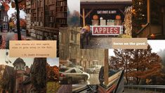 a collage of photos with the words apples written on them and pictures of buildings