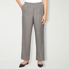 Alfred Dunner is known for their modern tailoring and style, and this pair of women's pants stay true to the brand's heritage. Made from a soft woven fabric in a relaxed-fit with straight legs, they have a comfortable elastic-waistband, a pleated front, and side pockets. Wear with a button-down or t-shirt and flat shoes.Front Style: Flat FrontFeatures: EssentialsClosure Type: Full ElasticFit: Relaxed FitPockets: 2 Side Slip PocketsRise: Mid RiseFiber Content: 100% PolyesterFabric Description: Wo Alfred Dunner Pants, Petite Shorts, Classic Pants, Womens Scrubs, Grey Outfit, Petite Pants, Alfred Dunner, Heart And Soul, Ralph Lauren Womens