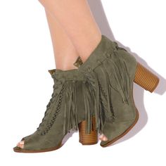 Introducing our Olive Green Fringe Sandal Boots! These trendy ankle boots feature a block heel, peep toe, and suede material with playful fringe details, perfect for the summer season. Color: Olive Material: Vegan suede Heel Type: Block heel Heel height: 3.15" / 80 mm approx Product measurements were taken using size 8. Please note that measurements may vary by size. Toe: Peep toe Handcrafted US sizing. Fits true to size. Sandal Boots, Red Stiletto Heels, Girls Spring Outfits, Chic High Heels, Travel Christmas, Peep Toe Ankle Boots, Fringe Ankle Boots, Embellished Fashion, Chunky Heel Ankle Boots