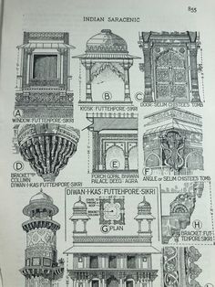 an old book with drawings and instructions on the front cover, showing different architectural details