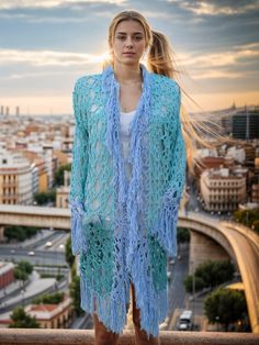 Light Blue Baby Blue Fringed Handknit Long Lace Cardigan, Minimalist Design Vibrant Crochet Jacket, Boho Chic Hippy Tunic by Papicca on Etsy Green Bohemian Summer Sweater, Knitted Summer Beach Outerwear, Bohemian Knit Outerwear For Summer, Knitted Outerwear For Beach In Spring, Bohemian Long Sweater For Summer, Bohemian Long Summer Sweater, Fitted Blue Open Knit Cardigan, Long Bohemian Summer Sweater, Bohemian Knitted Summer Cardigan