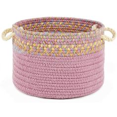 a pink basket with multicolored handles