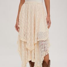 Charming Floral Printed Sheer Lace Tier Midi Skirt, Offering Elegance And Versatility To Dress Up Any Outfit! Blue Denim Top, Low Waist Skirt, Tiered Midi Skirt, Skirt Model, Lace Midi Skirt, Irregular Hem, Empire Dress, Lace Midi, Summer Style Casual